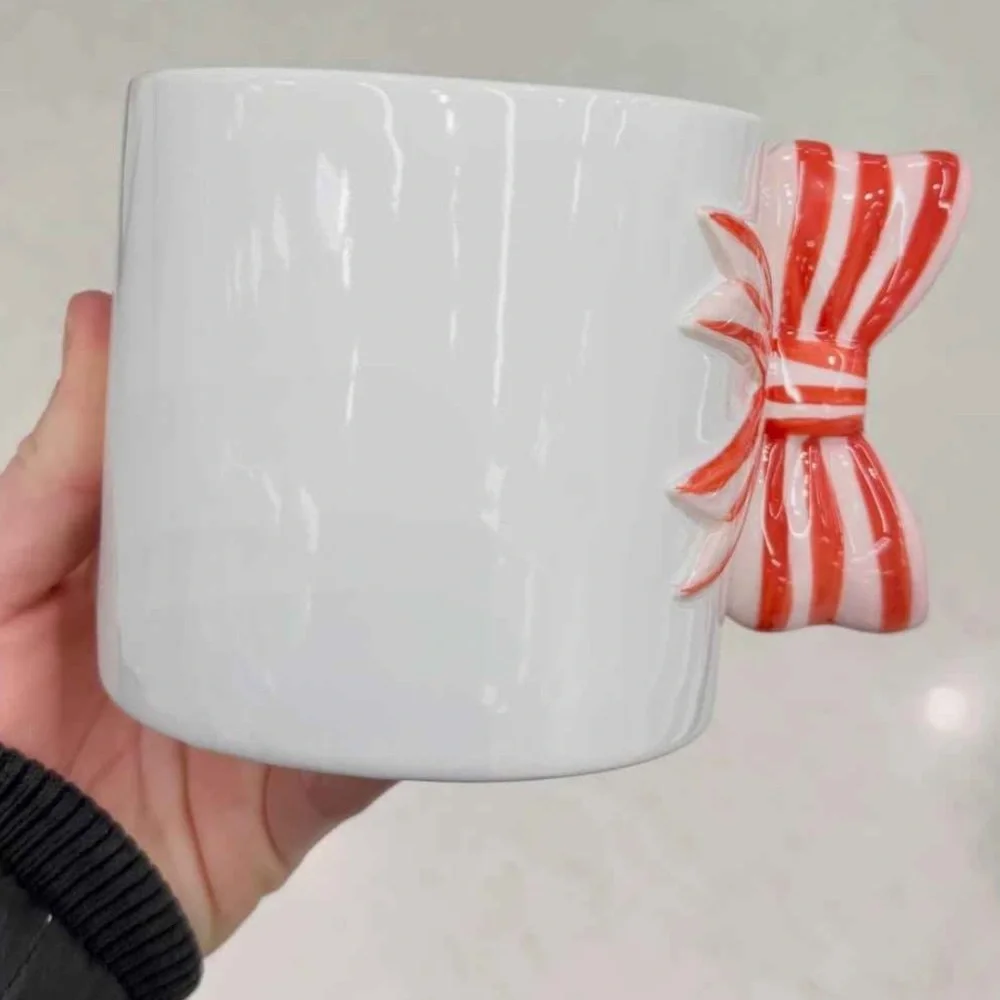 Stoneware‎ Bow Handle Mug 15 ounces white w pink/ red coquette girl birthday